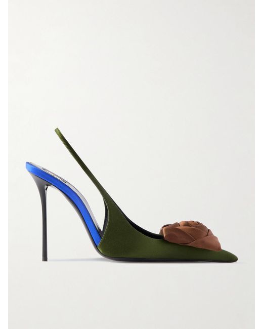Saint Laurent Blue Amalia Appliquéd Satin Slingback Sandals