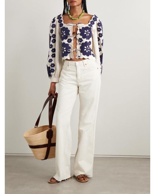 Sea Blue Catrine Tie-Front Scalloped Appliquéd Cotton-Voile Blouse