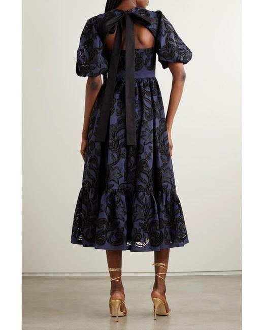 Erdem Blue Open-Back Pleated Broderie Anglaise Voile Midi Dress