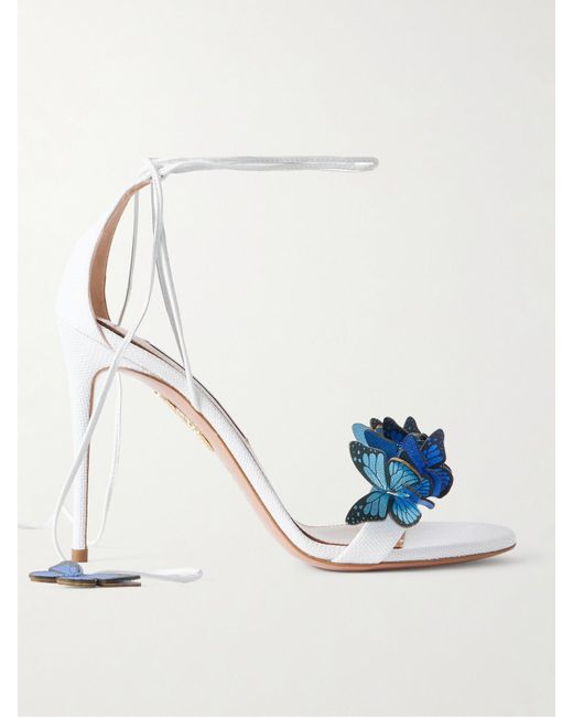 Aquazzura Blue Papillon 105 Leather-Trimmed Appliquéd Raffia Sandals