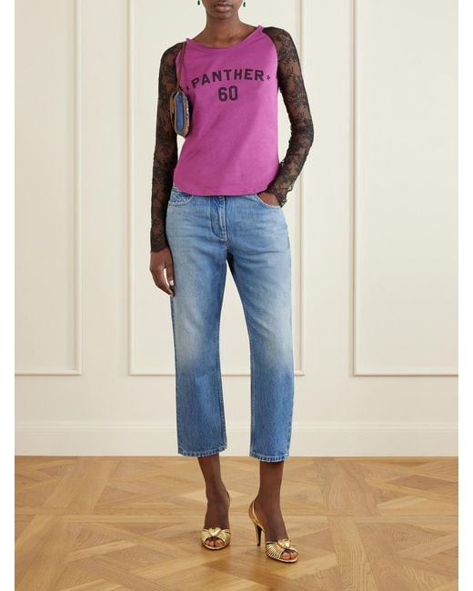 Valentino Garavani Pink Printed Lace-Trimmed Cotton T-Shirt
