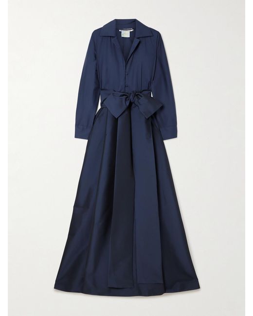 BERNADETTE Blue Beatrice Belted Taffeta Maxi Shirt Dress