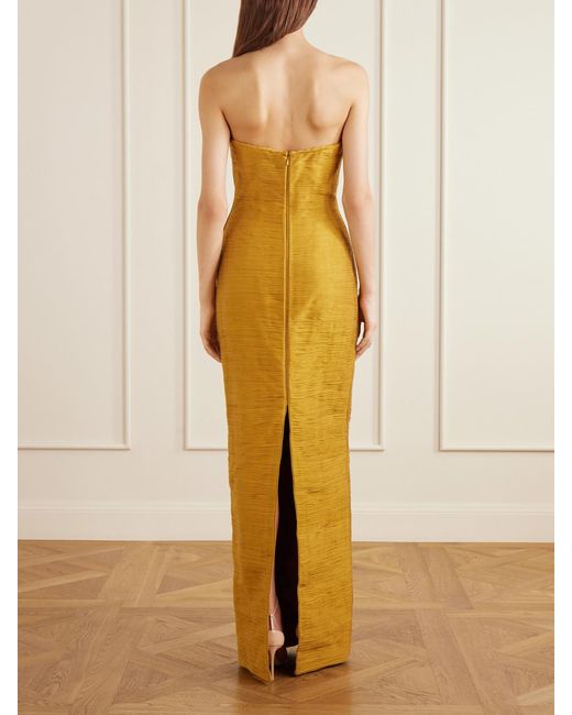 Marmar Halim Yellow Cape-Effect Plissé Satin Gown
