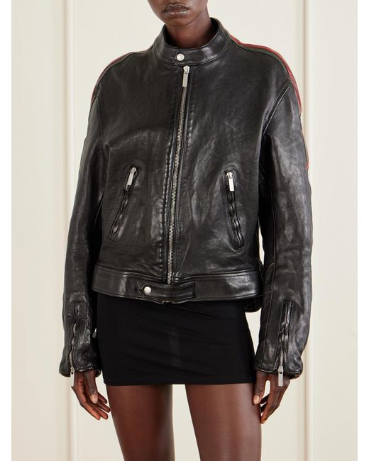Gucci Black Biker Web-Trimmed Full-Grain Leather Jacket
