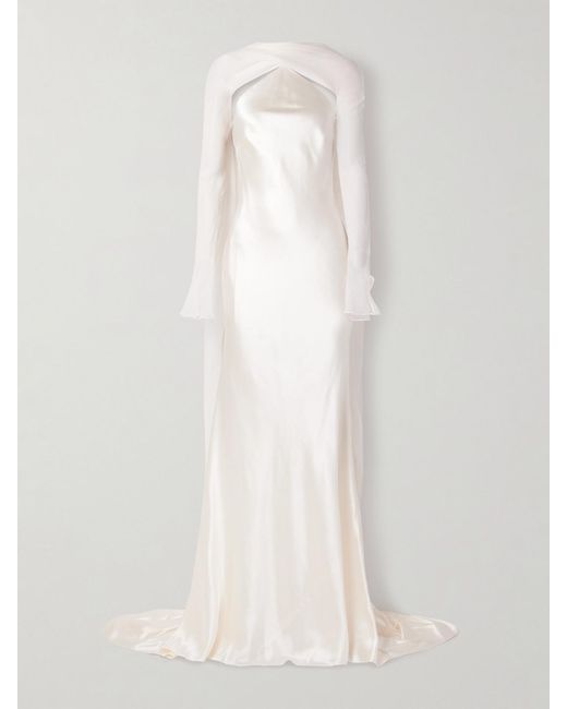 Danielle Frankel White Mari Convertible Cape-Effect Silk And Wool-Blend Satin And Silk-Crepon Gown