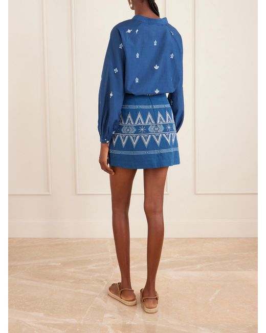 Emporio Sirenuse Blue Giuliana Embroidered Cotton And Linen-Blend Mini Skirt