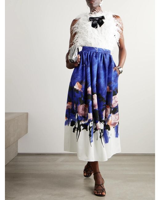 Erdem Blue Gathered Floral-Print Cotton-Blend Twill Midi Skirt