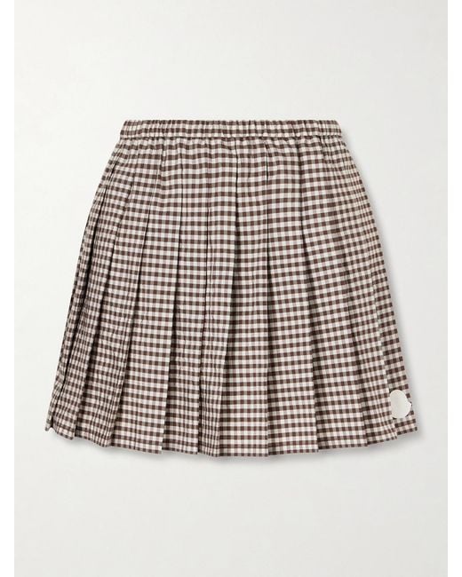 Moncler Brown Appliquéd Pleated Gingham Cotton-Blend Mini Skirt