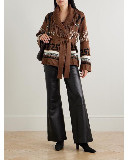 Jonathan Simkhai Brown Elwood Belted Fringed Intarsia Wool And Cashmere-Blend Cardigan