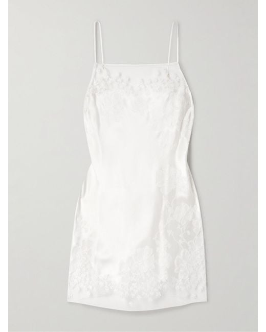 Carine Gilson White Lace-Trimmed Silk-Satin Chemise
