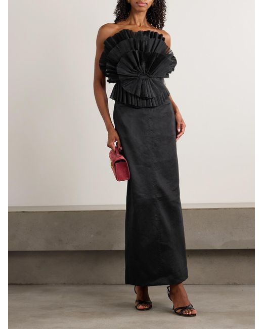 Robe Longue Bustier En Lin Mélangé Et En Coton Plissé À Volants Kira Aje. en coloris Black