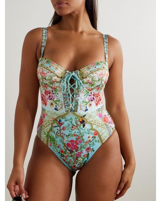 Camilla Blue Lace-Up Crystal-Embellished Printed Recycled Swimsuit