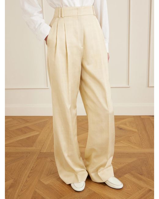 Another Tomorrow Natural Pleated Twill Wide-Leg Pants