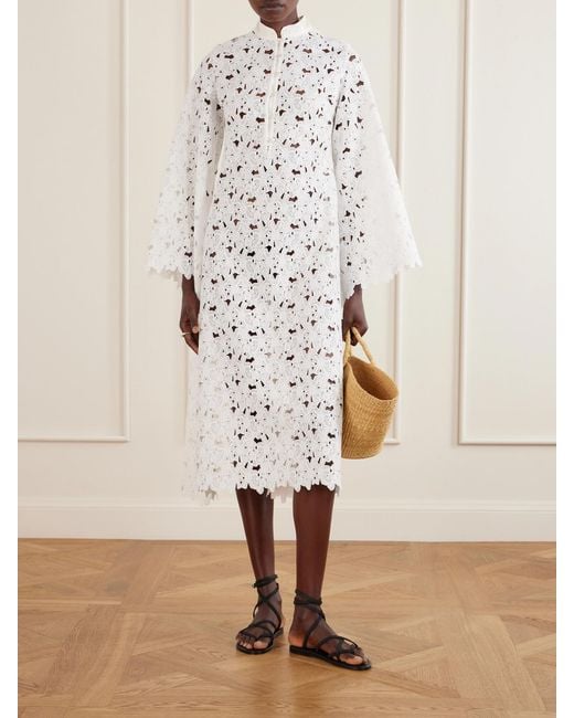 Christiano Marchelli White Eleonora Floral-Embroidered Silk-Trimmed Broderie Anglaise Kaftan