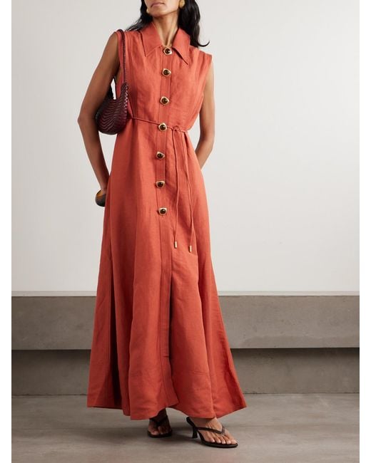 Robe-Chemise Longue En Lin Mélangé À Ornements Et À Ceinture Aje. en coloris Red