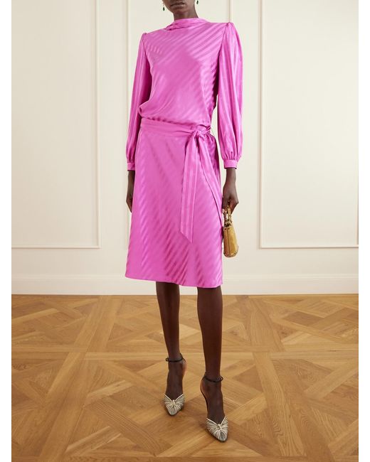 Valentino Garavani Pink Logo-Jacquard Belted Striped Silk-Satin Midi Dress