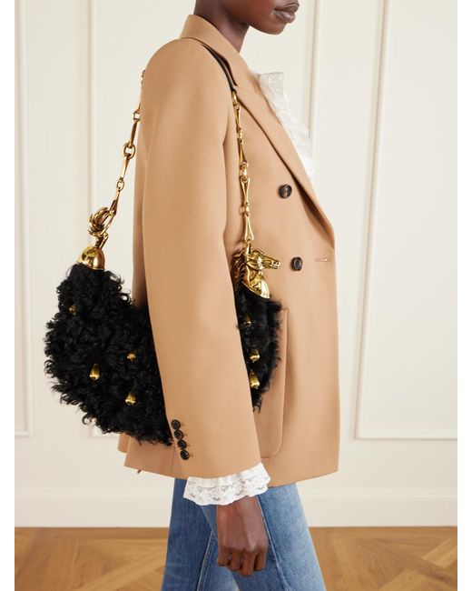 Chloé Black Chain Horse Embellished Shearling Shoulder Bag