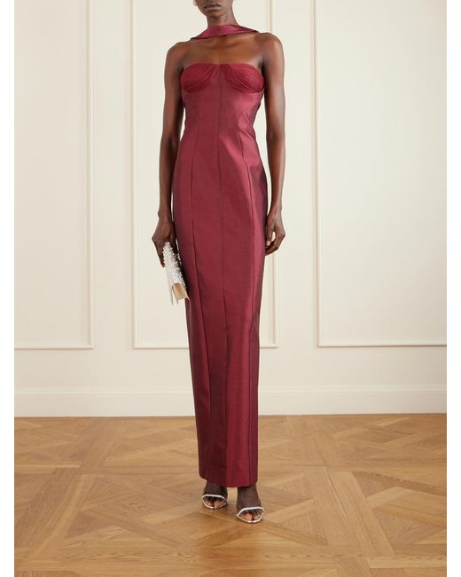Danielle Frankel Red Lette Paneled Tulle-Trimmed Wool And Silk-Blend Twill Gown