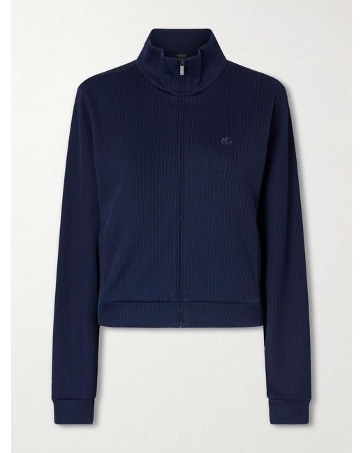 Gucci Blue Webbing-Trimmed Ribbed Zip-Up Jacket