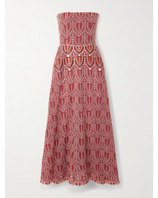 Johanna Ortiz Red Bengala Strapless Embellished Broderie Anglaise Maxi Dress