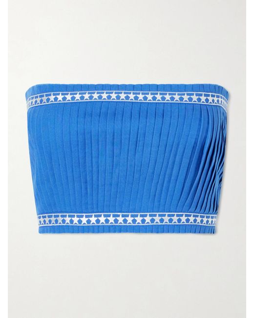 Emporio Sirenuse Blue Flavia Pleated Linen And Cotton-Blend Top