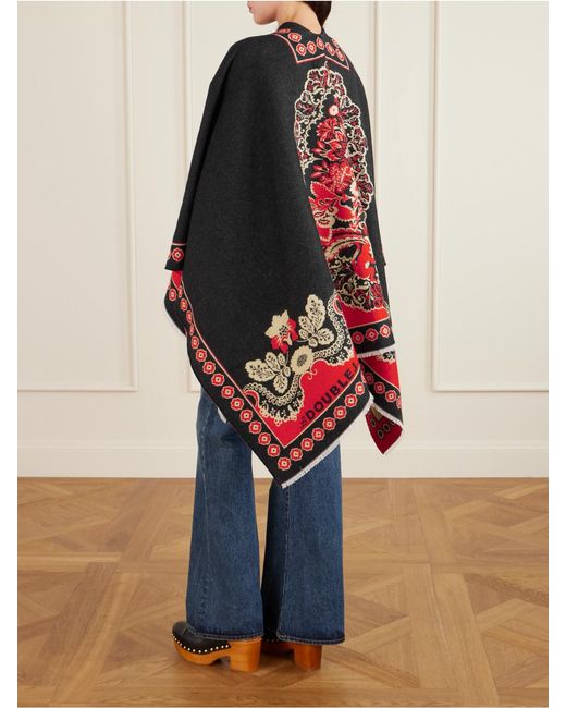 LaDoubleJ Red Soul Frayed Wool And Silk-Blend Jacquard Poncho