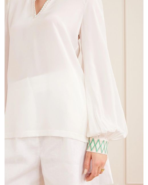 Emporio Sirenuse White Vera Embroidered Silk-Crepe Blouse
