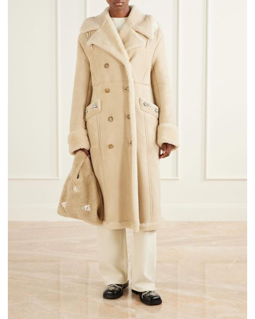 Simone Rocha Natural Embellished Double-Breasted Shearling Coat