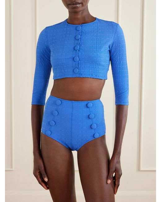Lisa Marie Fernandez Blue Cropped Seersucker Cardigan