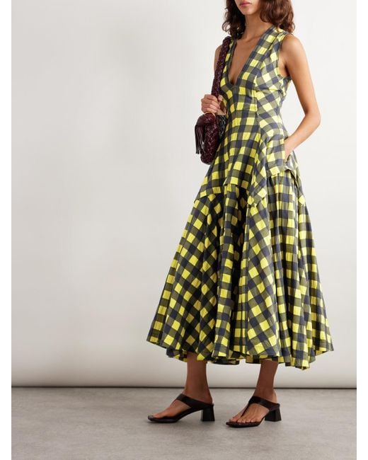 Bottega Veneta Green Pleated Paneled Checked Cotton Midi Dress
