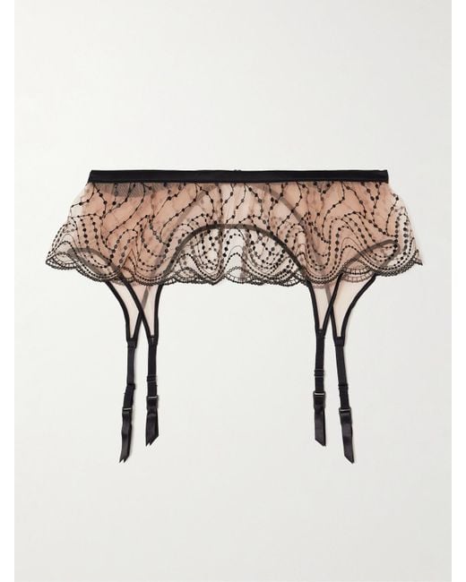 Kiki de Montparnasse Natural Ondule Silk-Blend Trimmed Embroidered Tulle Suspender Belt