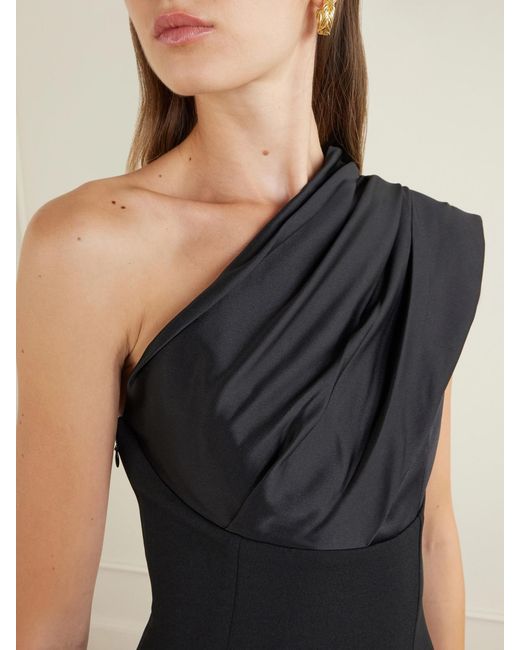 Solace London Black Gracie One-Shoulder Pleated Satin Gown