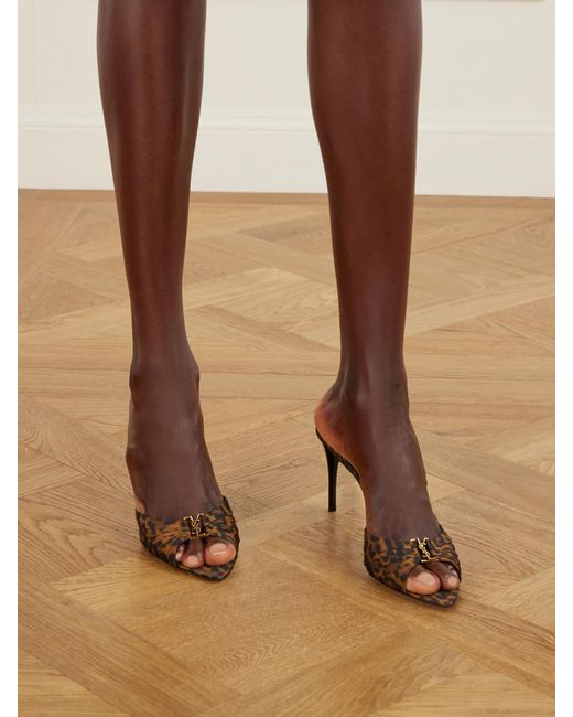 Saint Laurent Natural Babylone Embellished Animal-Print Mules