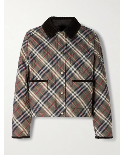 Burberry Gray Corduroy-Trimmed Quilted Checked Cotton Jacket