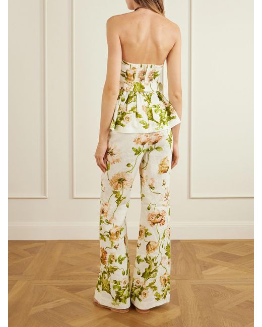 Cara Cara Metallic Tilda Strapless Belted Peplum Floral-Print Linen Top