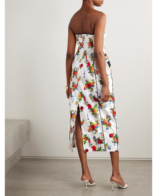 Kika Vargas White Maryan Strapless Floral-Print Cotton-Blend Poplin Midi Dress