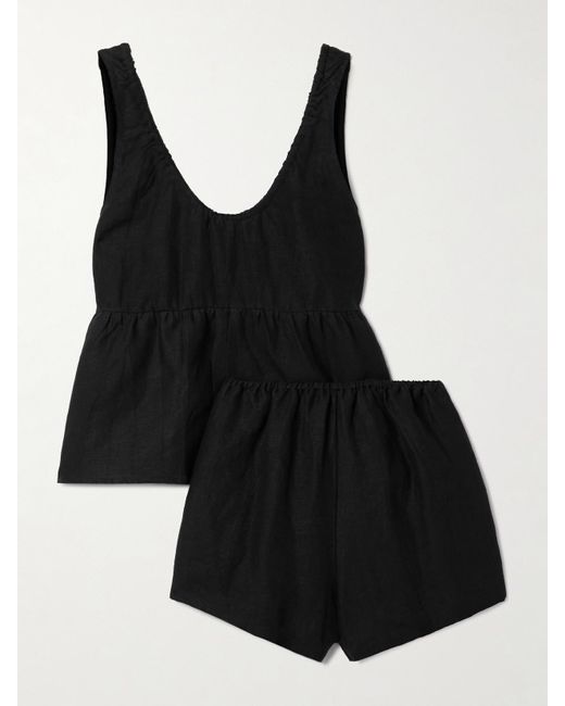 Deiji Studios Black Linen Tank And Shorts Pajama Set