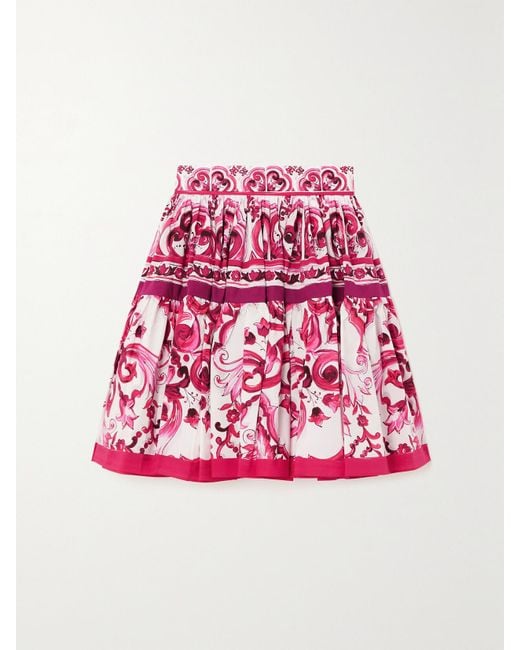 Dolce & Gabbana Pink Maiolica Minirock Aus Bedruckter Baumwollpopeline Mit Falten