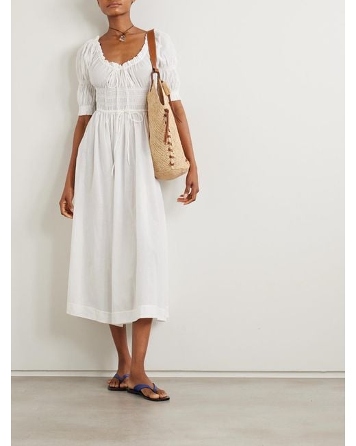 Doen White + Net Sustain Ischia Shirred Organic Cotton-voile Midi Dress