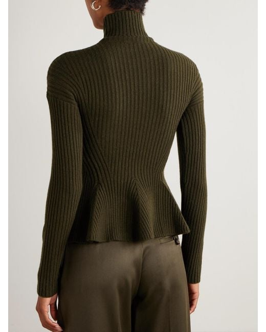 Max Mara Green Ribbed Wool-Blend Turtleneck Peplum Sweater