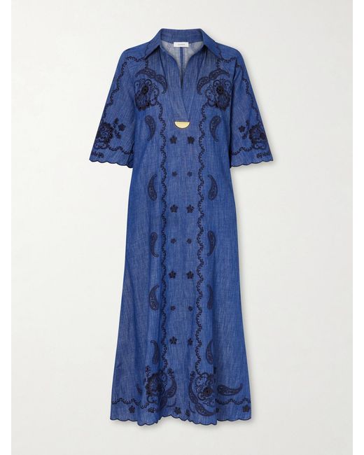 Zimmermann Blue Aster Embroidered Denim Midi Dress