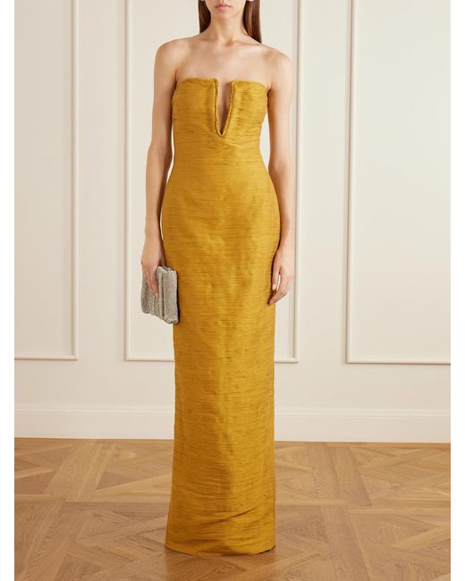 Marmar Halim Yellow Cape-Effect Plissé Satin Gown