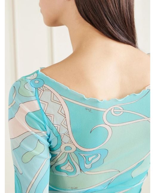 Emilio Pucci Blue Printed Stretch-Tulle Top