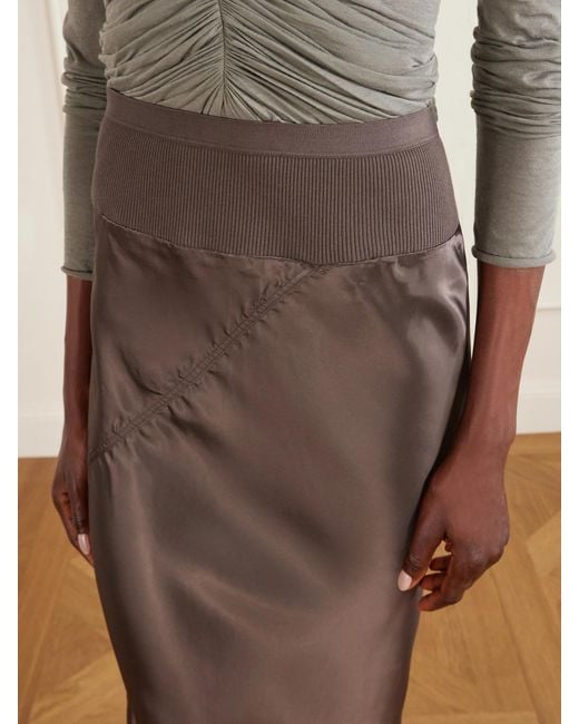 Rick Owens Brown Ribbed Jersey And Recycled-Satin Midi Skirt
