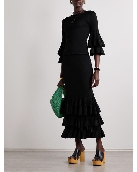 Zimmermann Black Story 1 Tiered Ruffled Ribbed-Knit Maxi Skirt