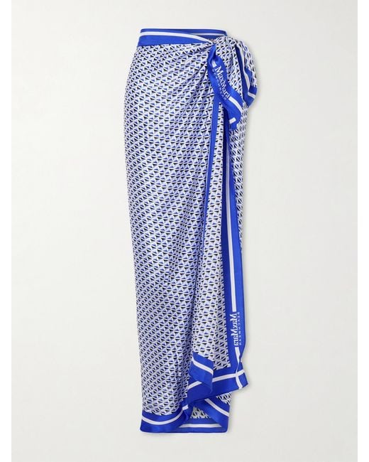 Max Mara Blue Beachwear Spuma Printed Silk Pareo