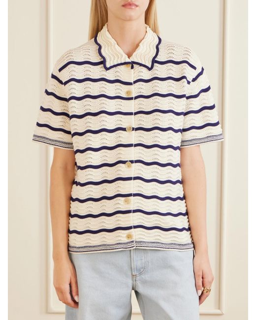 La Ligne Gray Striped Pointelle-Knit Cotton T-Shirt