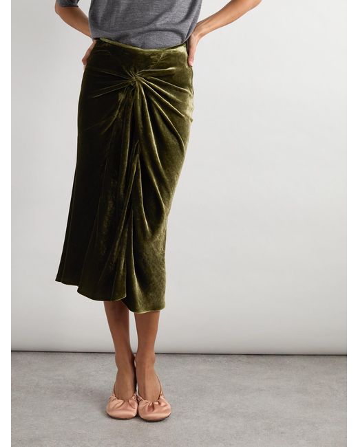 Dries Van Noten Green Ruched Velvet Midi Skirt