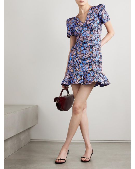 Kika Vargas Blue Zeina Ruffled Floral-Print Twill Mini Dress
