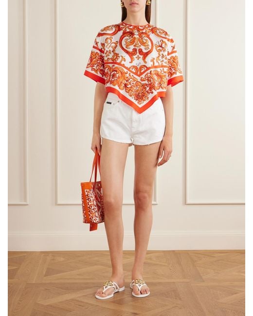 Dolce & Gabbana White Printed Silk-Twill Blouse
